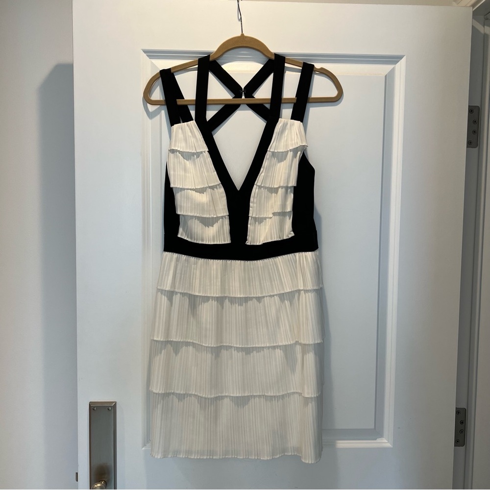 Elegant Black and White with ruffles details Dress with back cross straps